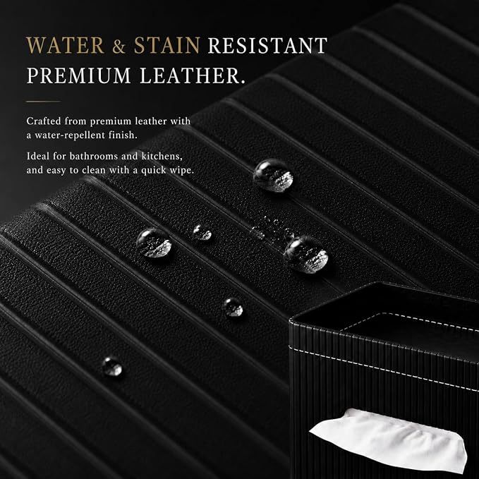 Ribbed PU Leather Tissue Box Cover with Storage Tray, Rectangular Facial Tissue Holder for Bathroom Vanity, Nightstand & Office Desk, Modern Decorative Tissue Dispenser (Matte Black)