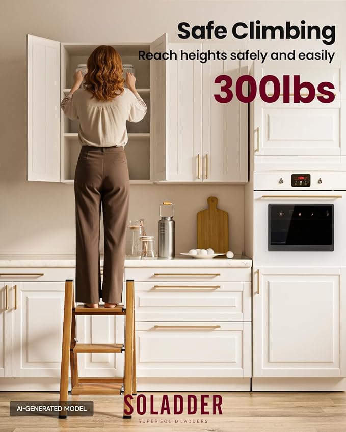 3 Step Ladder, Lightweight Folding Step Stool, Woodgrain | Anti-Slip 7.9'' Wide Pedal;Space-Saving;For Kitchen, Home, Library, Office Use;300lbs Capacity