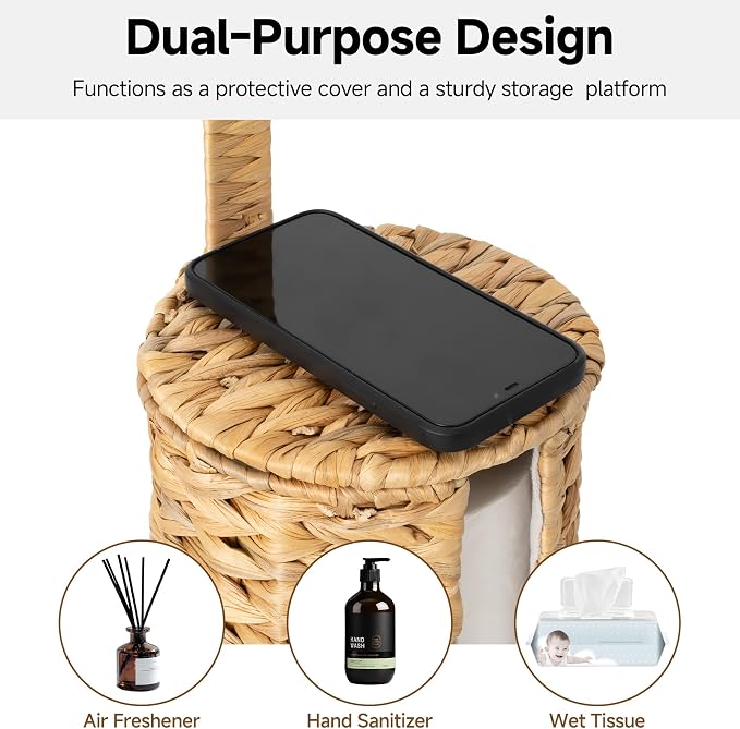 StorageWorks Toilet Paper Holder Stand with Covered, Toilet Paper Stand | Wicker bathroom accessories for 4 Rolls with Cloth Lining, Tissue Holder for Bathroom Decor with Shelf, Water Hyacinth