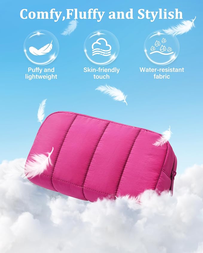 2 Pcs Makeup Bag Travel Toiletry Bag for Women Puffy Padded Cosmetic Pouch Purse Wide-open Makeup Organizer Case Travel Essentials