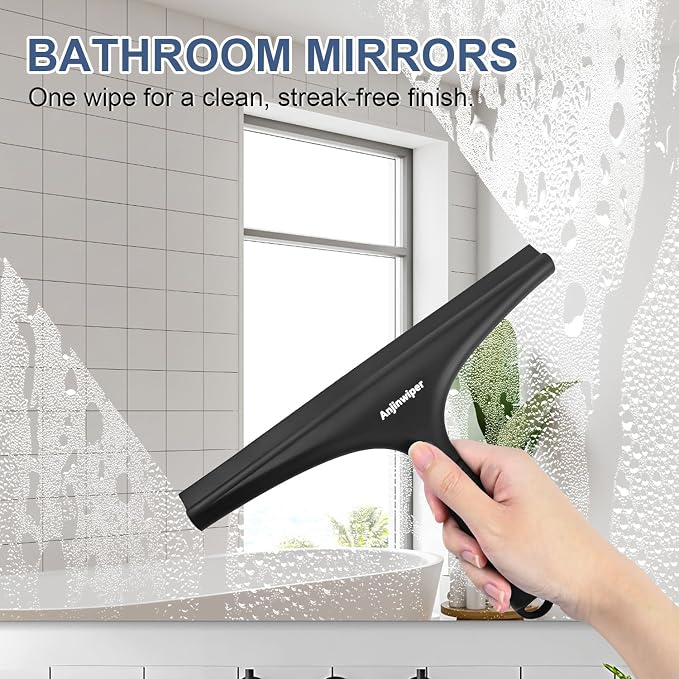 Shower Squeegee for Glass Doors, 10 Inch Bathroom Squeegee for Shower Glass | Streak Free No Squeak, Water Spot Remover with Adhesive Hook, Anti-Rust Shower Squeegee for Tile Wall, Mirror, Window, Car
