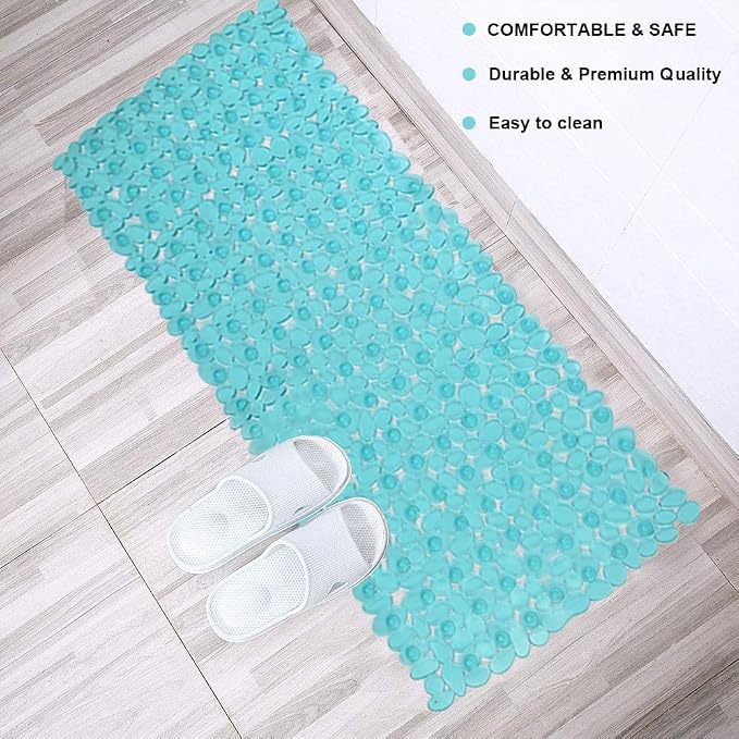 Pebble Shower Mat for Bathtub Non Slip 35"X16" with Suction Cup Clear Green | Anti Slip in Shower with Drain Holes