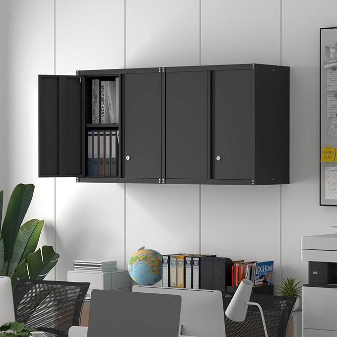 Wall Cabinet Storage, Locking Wall Cabinet with 2 Doors,Garage Storage Cabinet for Home Office,Gym,Garage,Black
