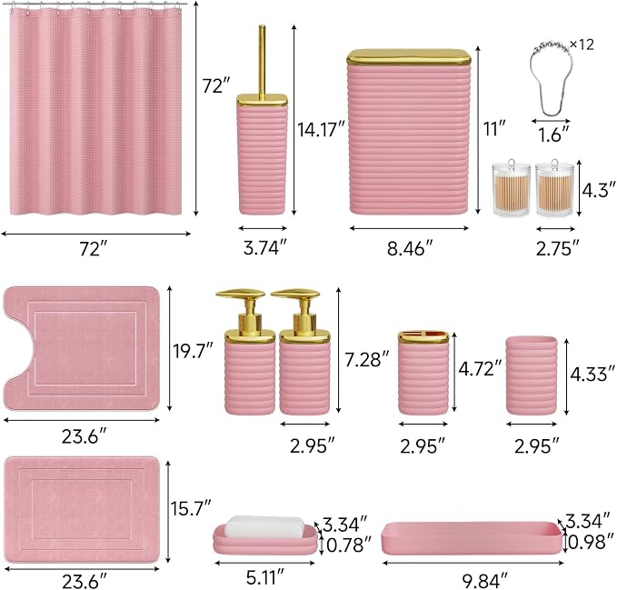 Bathroom Set - 25PC Bathroom Sets with Shower Curtain and Rugs, Pink Bathroom Set, Bathroom Accessory Set, Luxury Bathroom Accessories Set, Trash Can, Toilet Brush, Soap Dish & Soap Dispenser