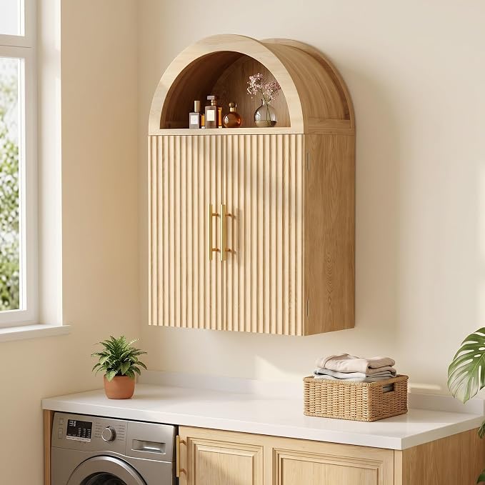 Kalrin Arched Wall Cabinet, Large Wood Bathroom Cabinet Wall Mounted Cupboard, Modern Floating Storage Cabinet with Door Adjustable Shelf, Wood Organizer Light Oak