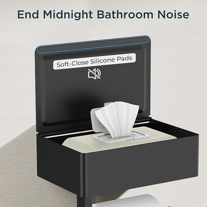 FORIOUS Toilet Paper Holder with Shelf, Wall-Mounted Modern Wipes Dispenser | Matte Black | Toilet Paper Holder with Storage | Flushable Wipes Dispenser for Bathroom | Sanitary Napkin Tampon Holder
