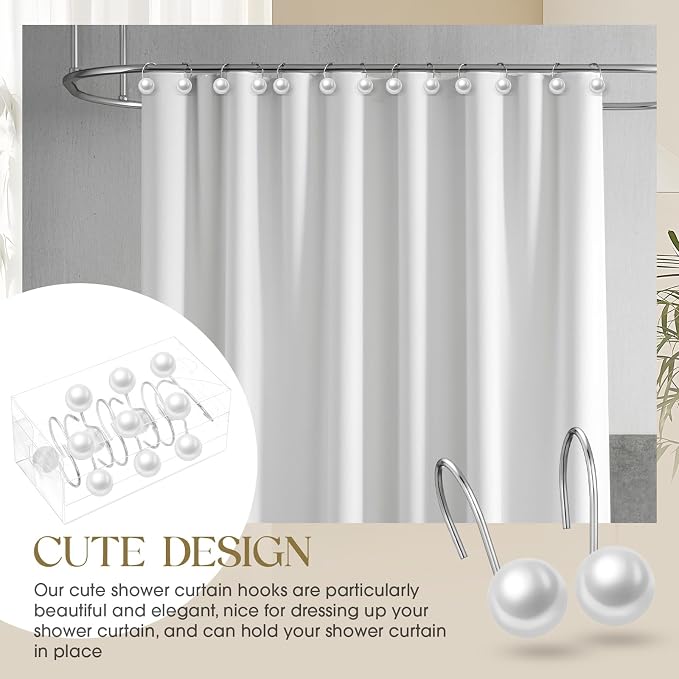 12 Pcs Shower Curtain Hooks Ivory Artifical Pearl Decorative Shower Curtain Rings Vintage Rustproof Cute Curtain Hooks for Country Farmhouse Bathroom Decor