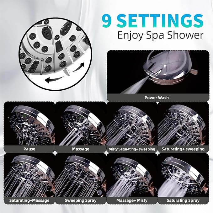 9 Functions High Pressure Shower Head with Handheld,Built-in Pause Mode&Power Wash,Non-Clogging Nozzles,6ft Hose&Bracket