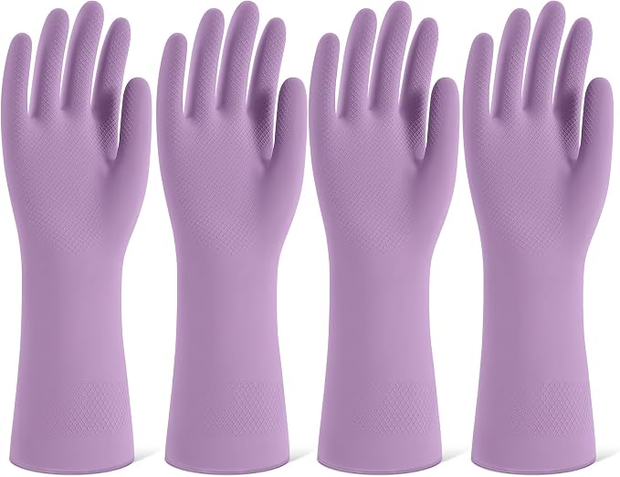 Rubber Cleaning Gloves for Dishwashing, 4 Pairs Reusable Kitchen Gloves for Washing Dishes and Household Cleaning, Purple Dish Gloves with Flocked Lining and Non-Slip Grip, Pefect for Woman Men - S
