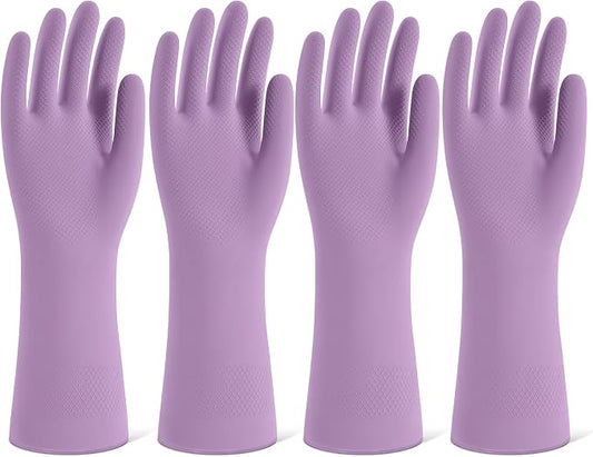 Rubber Cleaning Gloves for Dishwashing, 4 Pairs Reusable Kitchen Gloves for Washing Dishes and Household Cleaning, Purple Dish Gloves with Flocked Lining and Non-Slip Grip, Pefect for Woman Men - S