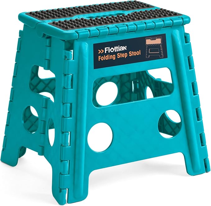 Flottian 13" Folding Step Stool for Adults and Kids Holds Up to 300 lbs,Non-Slip Folding Stools with Handle, Compact Plastic Foldable Step Stool for Bathroom,Bedroom, Kitchen Ocean Blue,1PC