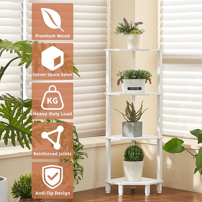 YUFAM 4-Tier Corner Shelf, White | Wooden Corner Bookshelf for Small Spaces, Corner Standing Shelf with Sturdy 5-Leg Base