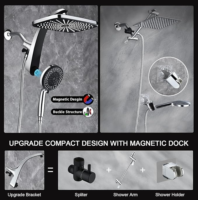 12" High Pressue Rain Shower Head with Handheld, 9 Sprays Hand Showerhead | Shower Heads with Handheld Spray Combo, Dual Head, Built-in Magnetic Docking, Power Jets, 59" Shower Hose, Chrome 1.75GPM