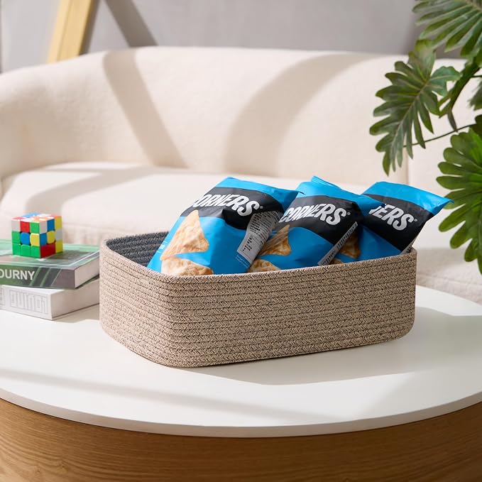MiniArk Large Shallow Organizing Baskets 15x11x5.1 Inches - Rope Woven Storage Bins for Bathroom, Shelves, Cube Closet, Mixed Brown 2 Packs