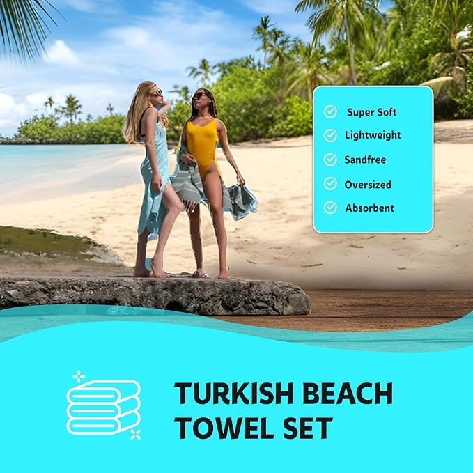 Turkish Beach Towel Set of 6 Oversized 72x40 100% Turkish Cotton | Soft Hammam Peshtemal, Sand Free, Quick-Dry, Absorbent Bath Towel | Lightweight & Compact for Travel, Pool, Gym, Spa - Blue
