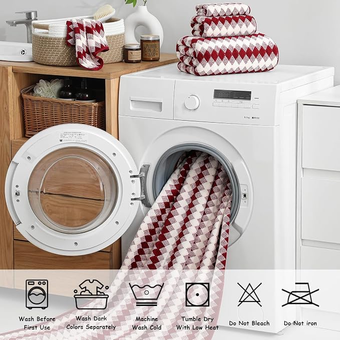 12 Pcs Burgundy Diamond Towel Set-4 Bath Towels,4 Hand Towels,4 Washcloths Soft Polyester Towels with Loop Absorbent Shower Towel Quick Dry Beach Chair Towel Family Towels for Bathroom Spa Gym Pool