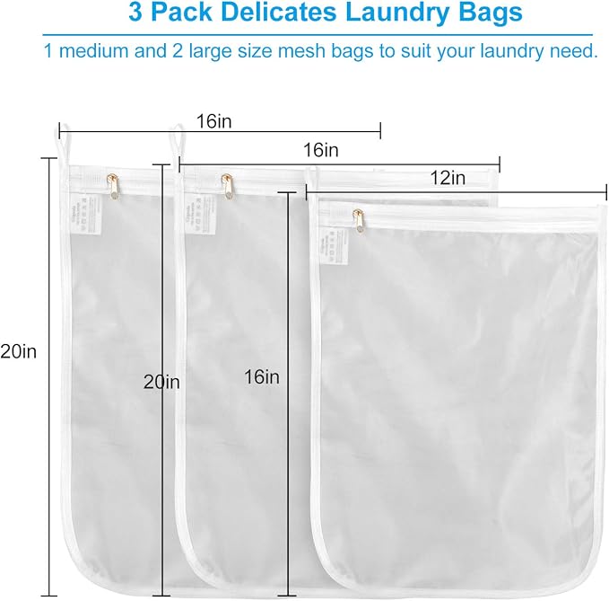 GOGOODA 3 Pack Delicates Laundry Bags, Fine Mesh Wash Bag with Hanging Loop | 2 Medium 1 Large for Lingerie, Shirts, Sweaters, Underwear, Bra, Silk, Socks