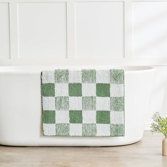 CozeCube Sage Green Checkered Bath Runner 59"x24" Non Slip Washable Rug | For Bathroom Non Slip, Fluffy Absorbent Microfiber Bath Mats Machine Wash, Stylish Long Aesthetic Bathroom Rugs