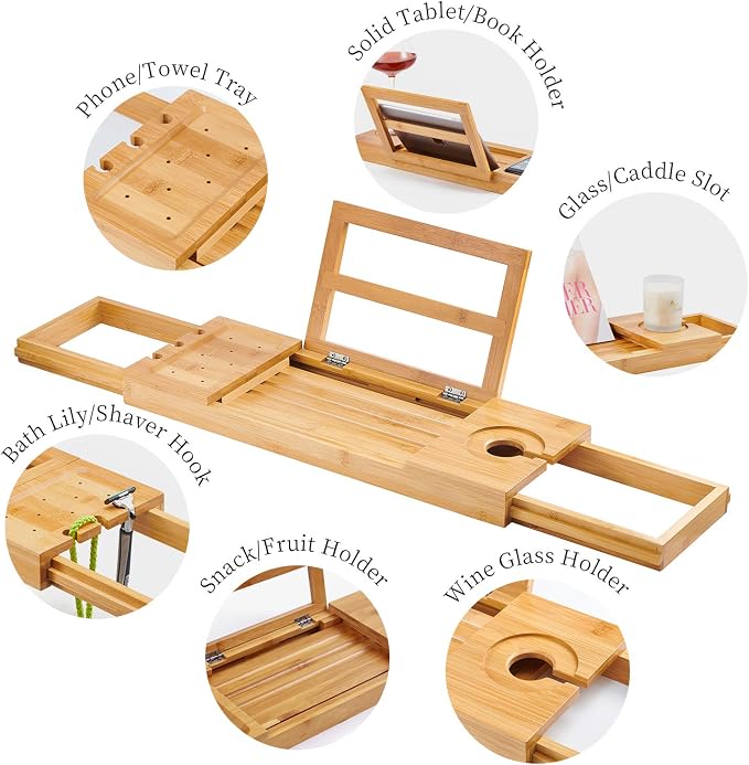 Utoplike Bamboo Bathtub Caddy Tray for Tub, Expandable Bath Table | Adjustable Bathroom Organizer, with Book Tablet Stand, Wine Glass Cup, Towel Holder
