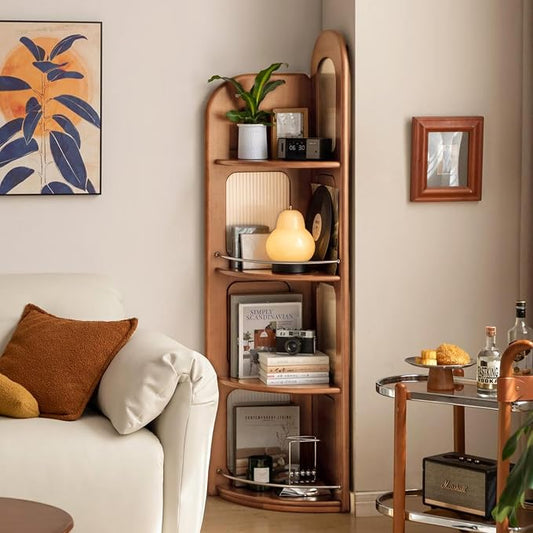 4-Tier 100% Solid Wood Corner Bookshelf, 64” Tall Mid Century Modern Corner Shelf Display, Open Storage Bookcase for Home Offie, Living Room (Cherry Wood)