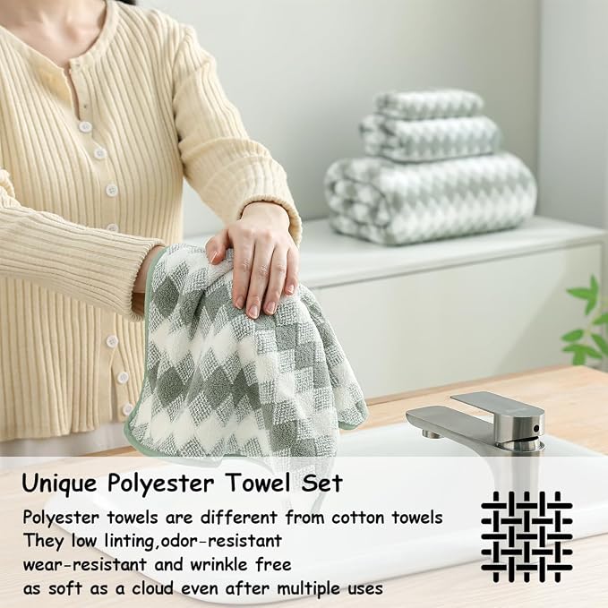12 Pcs Green White Diamond Towel Set-4 Bath Towels,4 Hand Towels,4 Washcloths Soft Polyester Towels with Loop Absorbent Shower Towel Quick Dry Beach Chair Towel Family Towels for Bathroom Spa Gym Pool