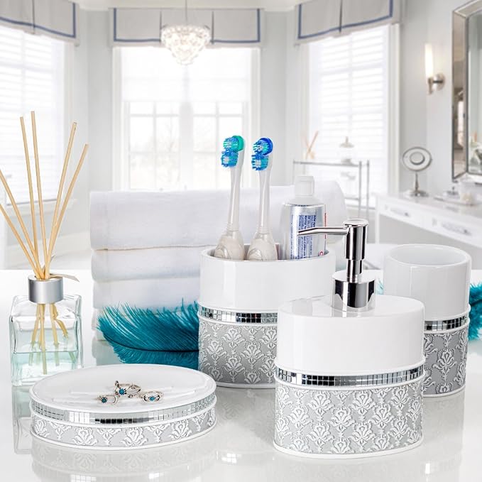 Mirror Damask White & Gray Small Oval Bathroom Trash Can 1.6 Gal / 6L | Decorative Waste Basket - Durable Bathroom Wastebasket - Waste Bin for Powder Room Or Bedroom