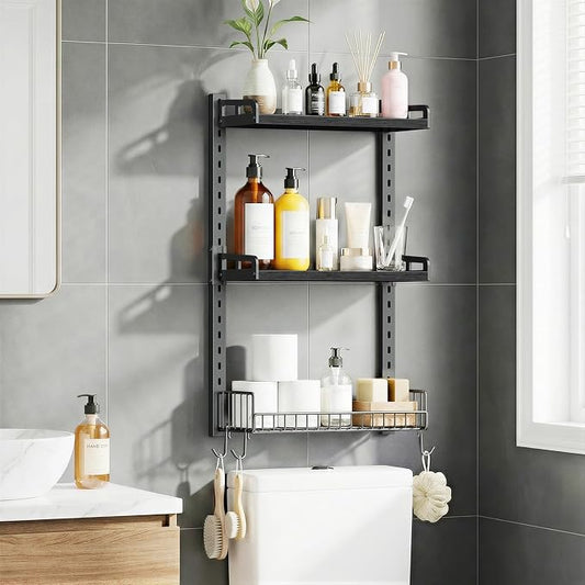 Kalrin 3 Tier Bathroom Shelves Over Toilet - Wall Mounted Floating Shelves with Drain Basket, Toilet Paper Storage, Height Adjustable Over The Toilet Storage, Pure Black