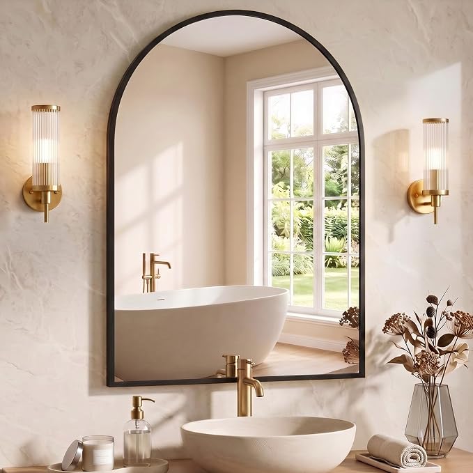 NEWBULIG 40"X30" Arched Bathroom Mirror for Over Sink, Wall Vanity Mirror | Tempered Glass, Anti-Rust Arched Metal Framed, Hanging or Leaning, Farmhouse Home Decor, Black