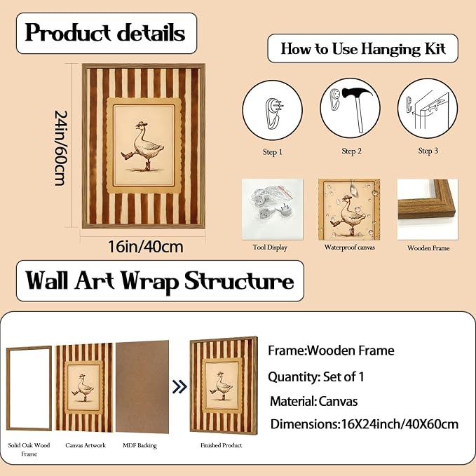 Funny Cowboy Goose Wall Art Silly Western Dancing Goose Wall Decor Painting, Whimsical Cute Stripe Animal Poster Canvas Print Picture for Living Room Bedroom 16x24 inch Wood Framed