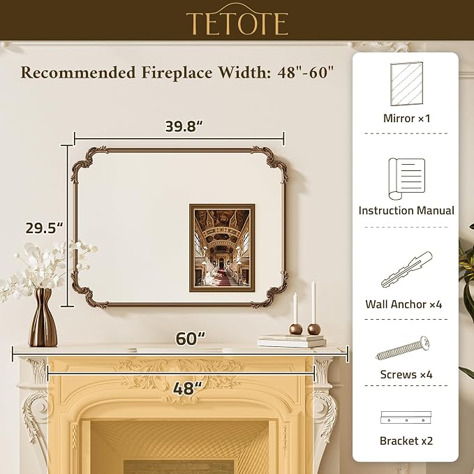 Baroque Gold Antique Brass Scroll Wall Mirror 40 x 30 Vintage Rectangle Framed Baroque French Rectangular Mirror for Mantle Fireplace Bathroom Living Room, Horizontal/Vertical