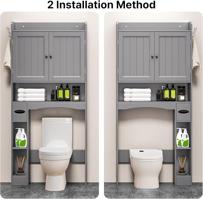 Over The Toilet Storage Cabinet, 32.3" W, Espresso | Over Toilet Bathroom Organizer with Doors, Adjustable Shelves, Toilet Paper Holder, 2 Side Hooks, for Bathroom, Laundry
