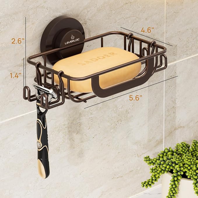 Bar Soap Holder with Hooks, Suction Cup Soap Dish Stainless Steel | Soap Holder Shower Wall Mounted, Soap and Razor Holder for Shower, Rustproof for Bathroom, Sponge Holder Saver, Brown