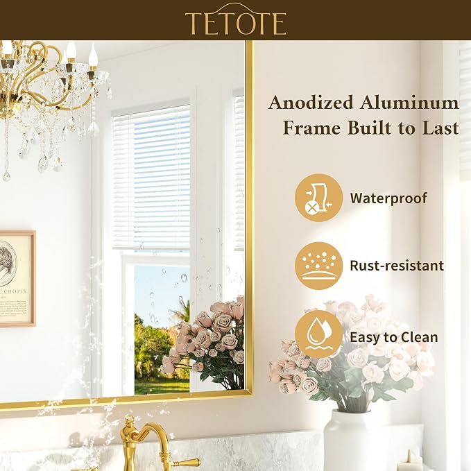 Gold Bathroom Mirror 20" x 30" Brushed Brass Rectangle Beveled Framed Bathroom Vanity Mirror for Over Sink, Tempered Glass, Modern Farmhouse Bedroom, Entryway, Living Room