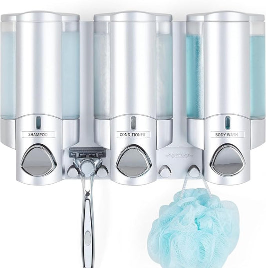 Better Living Aviva Shower Dispenser 3 Chamber,Wall Mount Shower Soap Dispenser for Bathroom Hotel Body Wash,Built-in Hooks,No Drill,Waterproof Shampoo Soap-Dispenser,3 x11 oz,Satin Silver,(Pack of 6)