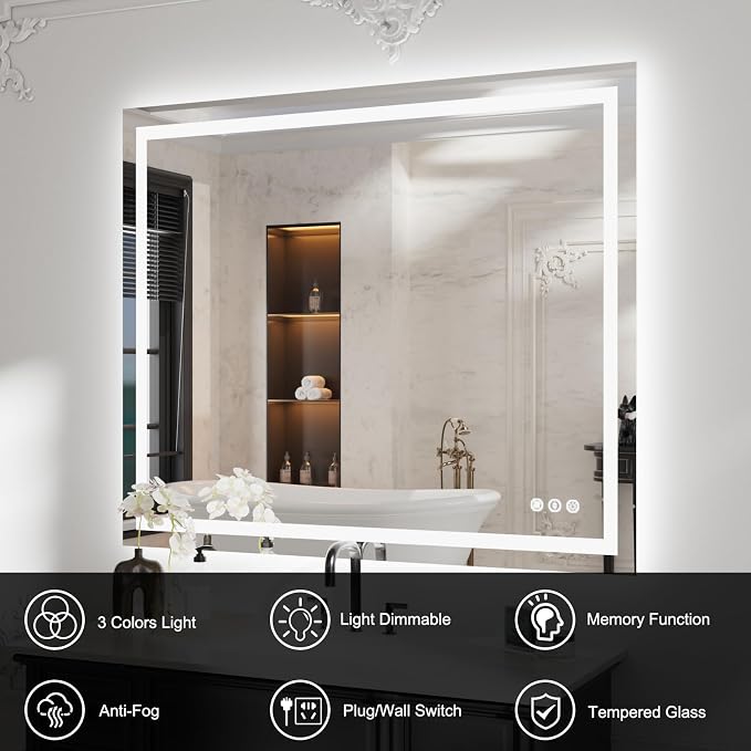 WTTY 48" x 40" LED Bathroom Mirror with Light | Anti-Fog, Dimmable, 3 Color Temperature, Memory Function, Tempered Glass, IP54 Waterproof, ETL Listed
