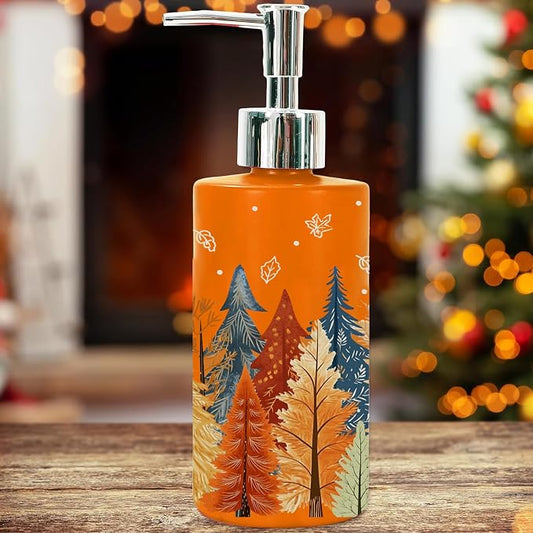 JarThenaAMCS Fall Soap Dispenser Orange Forest Trees Glass Dispenser with Pump Refillable Autumn Liquid Soap Container Countertop Decor for Harvest Thanksgiving Kitchen Bathroom