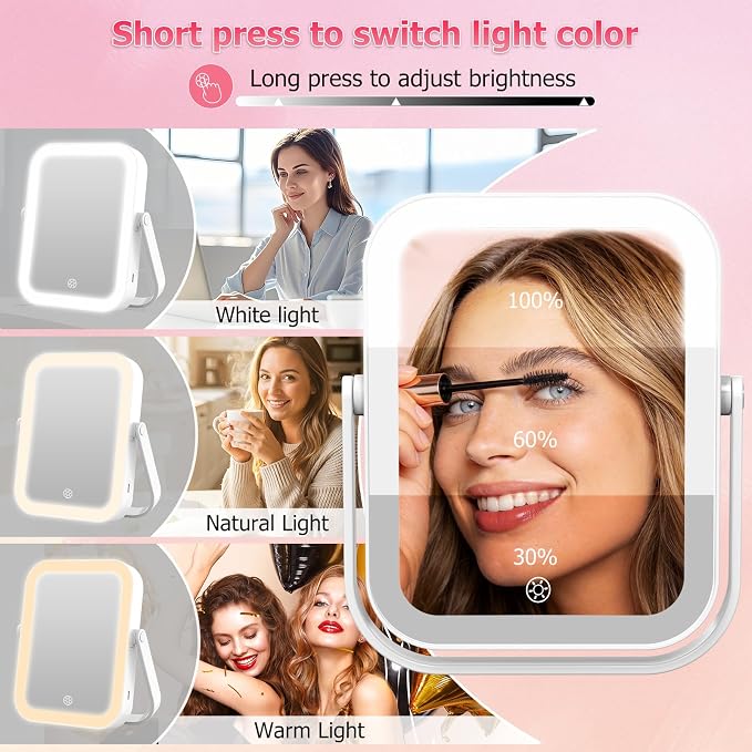 FUNTOUCH 3000mAh Rechargeable Travel Magnifying Mirror with Light,White | 2-Sided 30X Magnifying travel makeup mirror with 3-Color Lighting, Dimmable Touch Screen,Compact Vanity Mirror for Women Gift