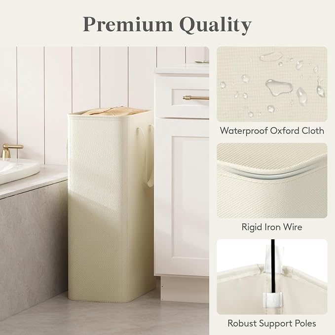 Lifewit Slim Collapsible Laundry Basket with Handles, 75L, Ivory | Narrow Laundry Hamper for Dirty Clothes, Tall Thin Laundry Bin, Small Clothes Hamper for Bathroom, Bedroom, RV, Dorm