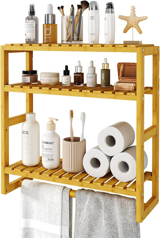 Galood Over The Toilet Storage Bathroom Shelves Wall Mounted 3 Tier Yellow | Space Saver Corner Shelf Organizer Bamboo Towel Rack Toilet Paper Cabinet with Hanging Rod