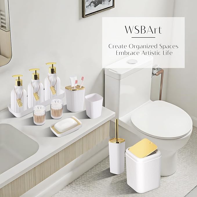 17PCS Bathroom Accessories Set, White Bathroom Set Bathroom Accessories Set with Trash Can, Toilet Brush, Toothbrush Holder, Qtip Holder & 3PCS Soap Dispenser