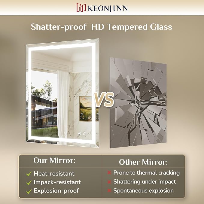 Keonjinn 48 x 36 Inch Beveled LED Bathroom Mirror with Frontlit & Backlit | HD Tempered Glass, Lighted Bathroom Mirror, 3-Color Lights, Fast & Safe Defogging, Stepless Dimmable, Memory Function, CRI90+