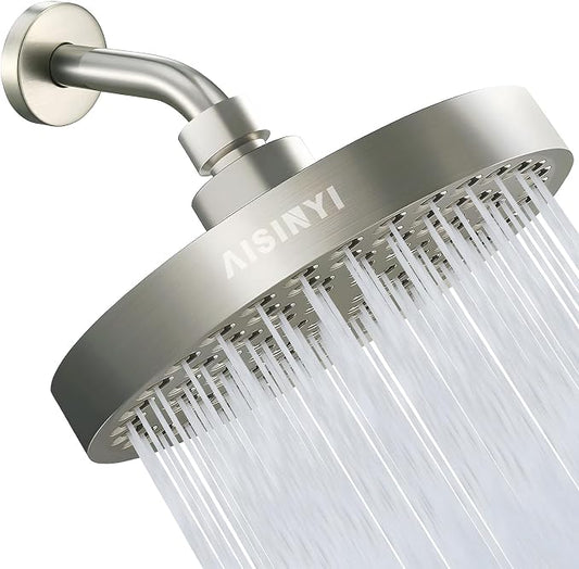 6" Rain Shower Head & 6" Shower Arm, Luxury Brushed Nickel Finish | High Pressure 6 Inch Fixed Showerhead, Adjustable Replacement, 90 Nozzles, Removable Restrictor, Tool-Free Easy to Install