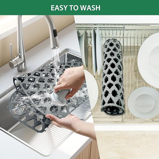 Silicone Sink Protector for Multi-Size Kitchen Sink（28" x 14.4",Rear Drain） | Flexible and durable, heat-resistant, machine washable, non-slip, gray grid.