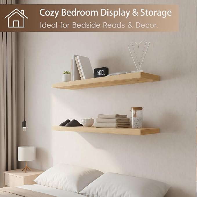 Lufia Floating Wall Shelves, Set of 2, MDF with Invisible Brackets, Modern Storage for Bedroom, Bathroom, Living Room, Kitchen (Natural, 24" W x 7" D x 1.5" H (2 Pieces))