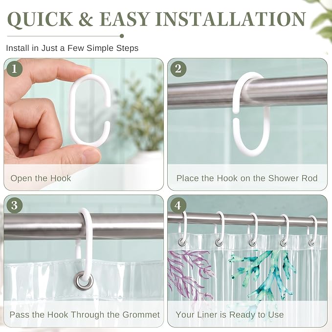 Clear Shower Curtain Liner, Sea Turtle Ocean PEVA, 72x72 Inch | Beach Coastal Waterproof Bath Plastic Shower Curtains Set with 3 Weighted Magnets and 12 Hooks for Bathroom Decor