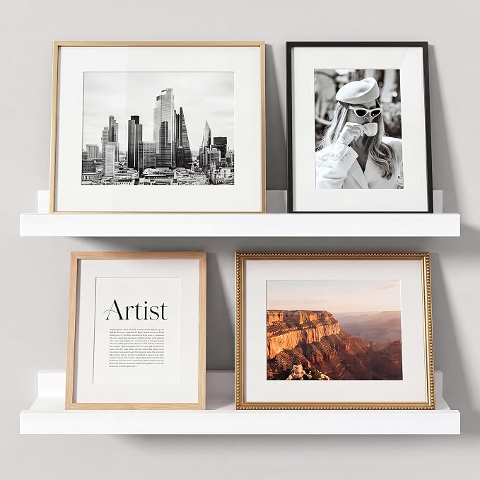 White Picture Ledge Shelves for Wall, 4.5" Deep Wood Floating Shelves with Lip for Bedroom, Living Room, 16" Width, Color White Set of 2