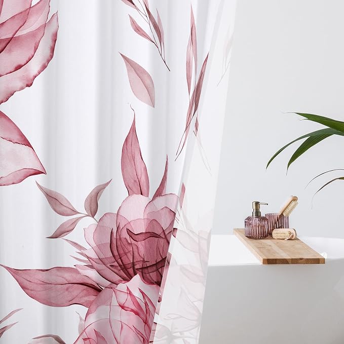 Litabel Burgundy Boho Watercolor Floral Shower Curtain, Ink Painting Style Blossom & Leaf Shower Curtains for Chic Elegant Bathroom, Artistic Fabric Cloth Modern Flower Shower Curtain, 72x72