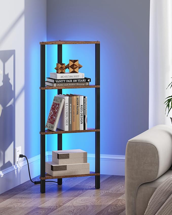 TUTOTAK Corner Shelf, 4-Tier Corner Bookshelf for Small Space | Narrow Display Corner Shelf Stand with Storage Rack, for Living Room, Bedroom, Rustic Brown BS05BB004L