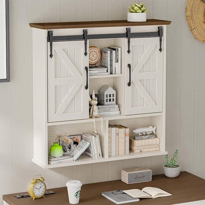 Vabches Bathroom Wall Cabinet, Farmhouse Medicine Cabinet, Rustic White | Wooden Vintage Storage Cabinet Wall Mounted with Double Sliding Barn Door and Adjustable Shelf for Bathroom, Kitchen