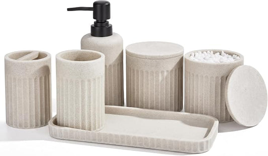 INIUNIK Bathroom Accessory Set, 6 Pieces, Beige | Resin, Bathroom Accessories Set, Includes Soap Dispenser Set, Toothbrush Holders, Tumbler, Vanity Tray & 2 Qtip Holder